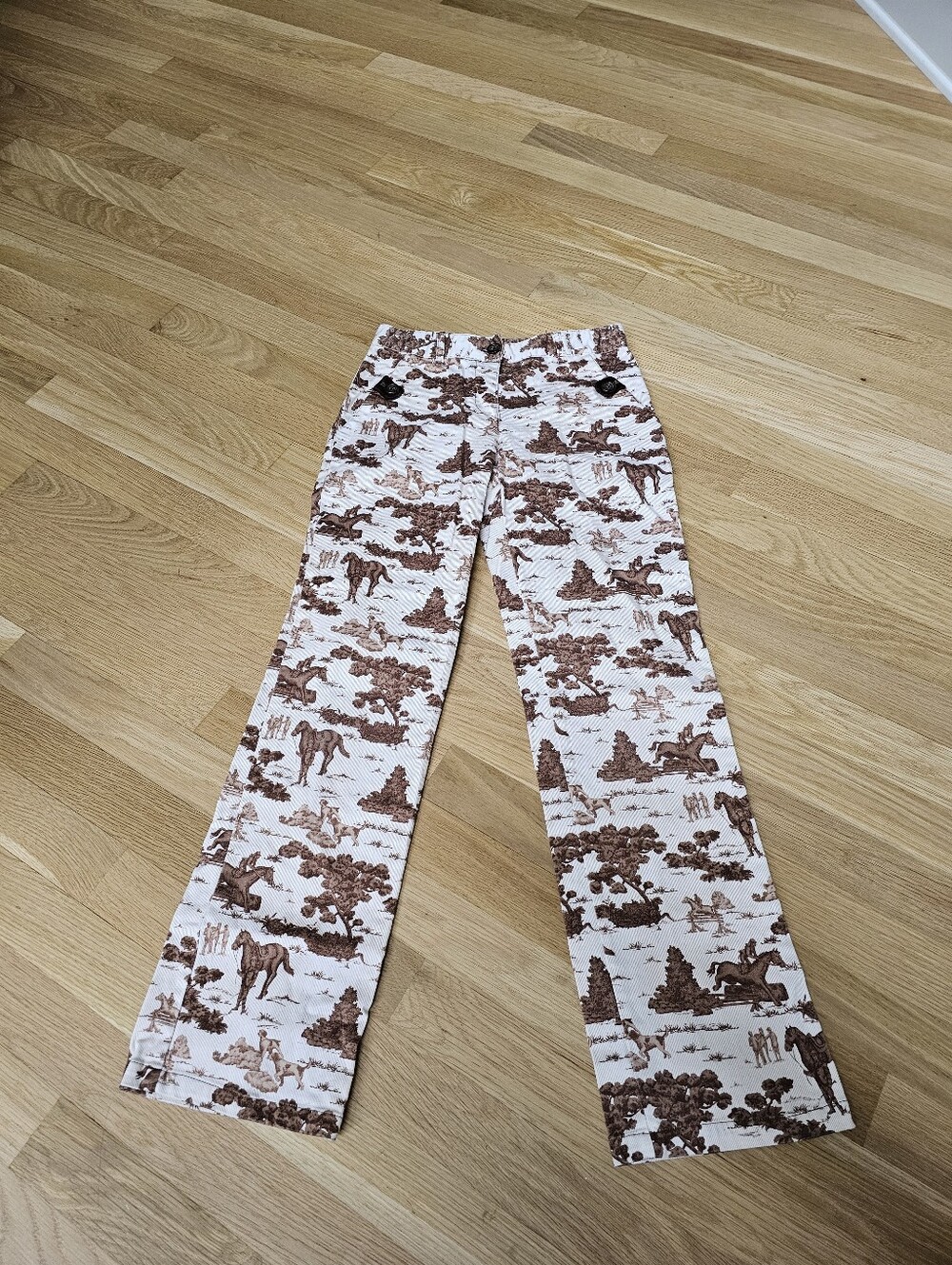English Toile Western Equestrian Fox Hunting Crop Straight Leg Pants - Picture 6 of 9